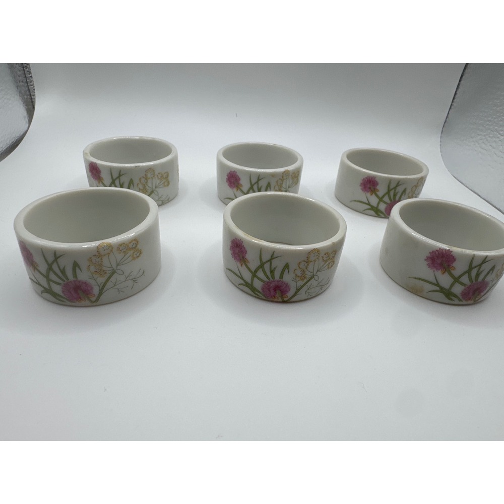 Stanford Japan Porcelain Napkin Rings Set of 6 Floral Botanical Pink White